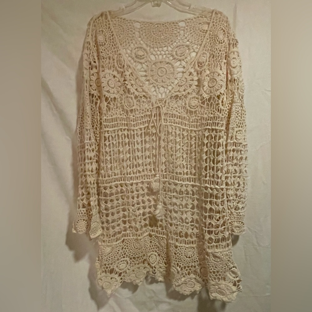 Crochet Openwork Tunic Coverup with Tassels in Cream